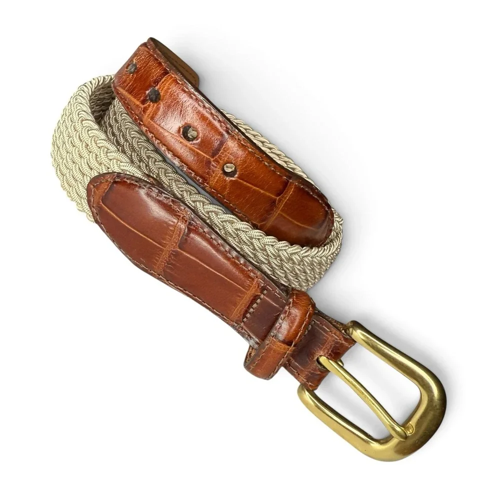 Brighton Belt Croc Embossed Brown Leather Woven Stretchy Brass Buckle Men's 36